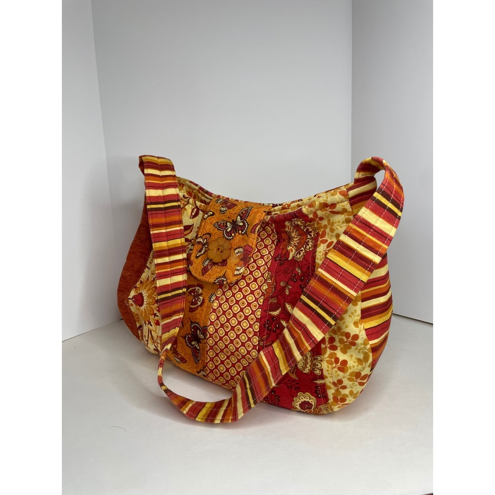 Quilted Patchwork Hobo Bag Orange Red Butterfly Floral Shoulder Purse